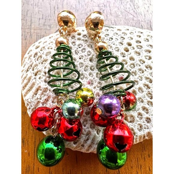 Christmas Tree Earrings New Handmade Jingle Bells Dangle Posts Festive P… - Picture 4 of 12